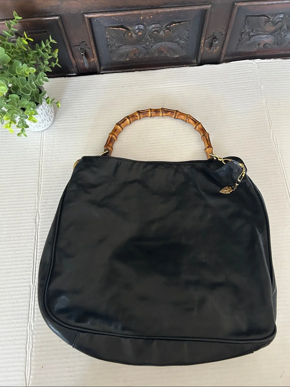 Vintage GUCCI Lambsksin Leather Bamboo Top Handle Two-way Black Shoulder Bag